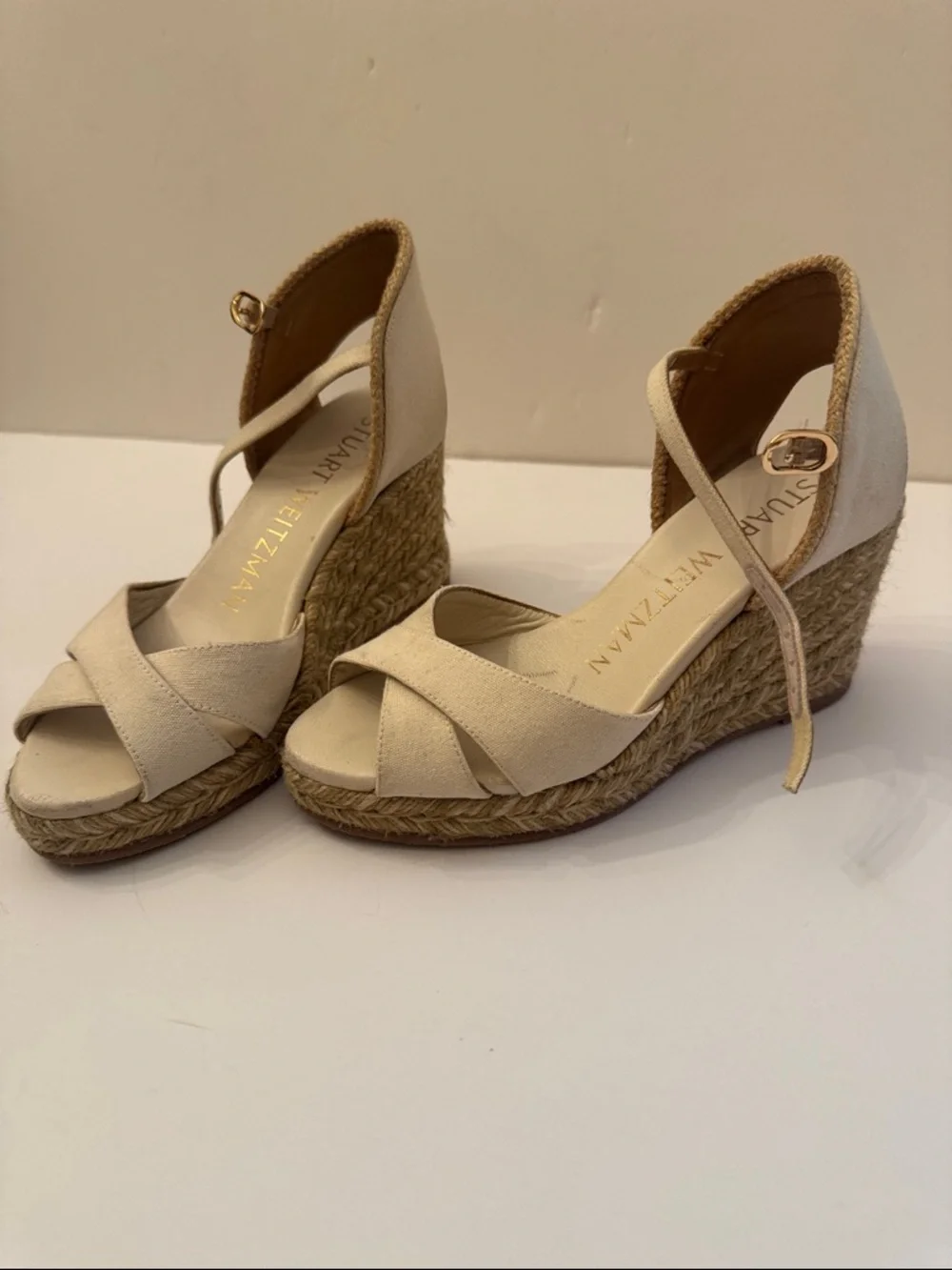 Stuart Weitzman Beige Canvas Espadrille Wedge Sandals Size 4B - Picture 4 of 10